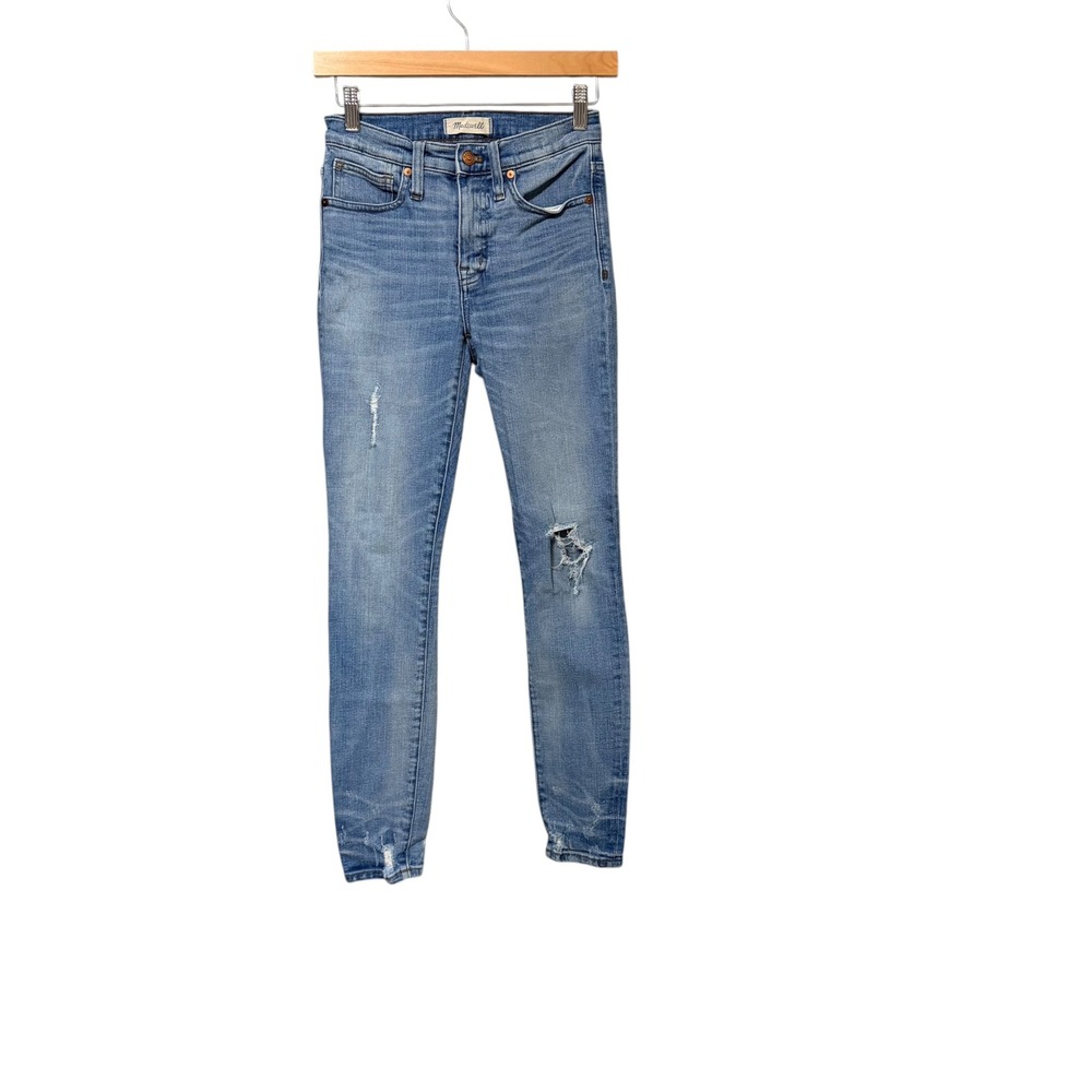 Madewell Women Light Wash Distressed High Rise Skinny Jeans Raw Hem Size 25